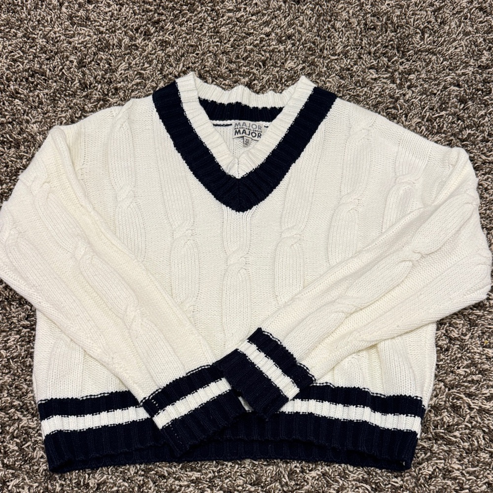Women's Cream and Navy V-Neck Sweater